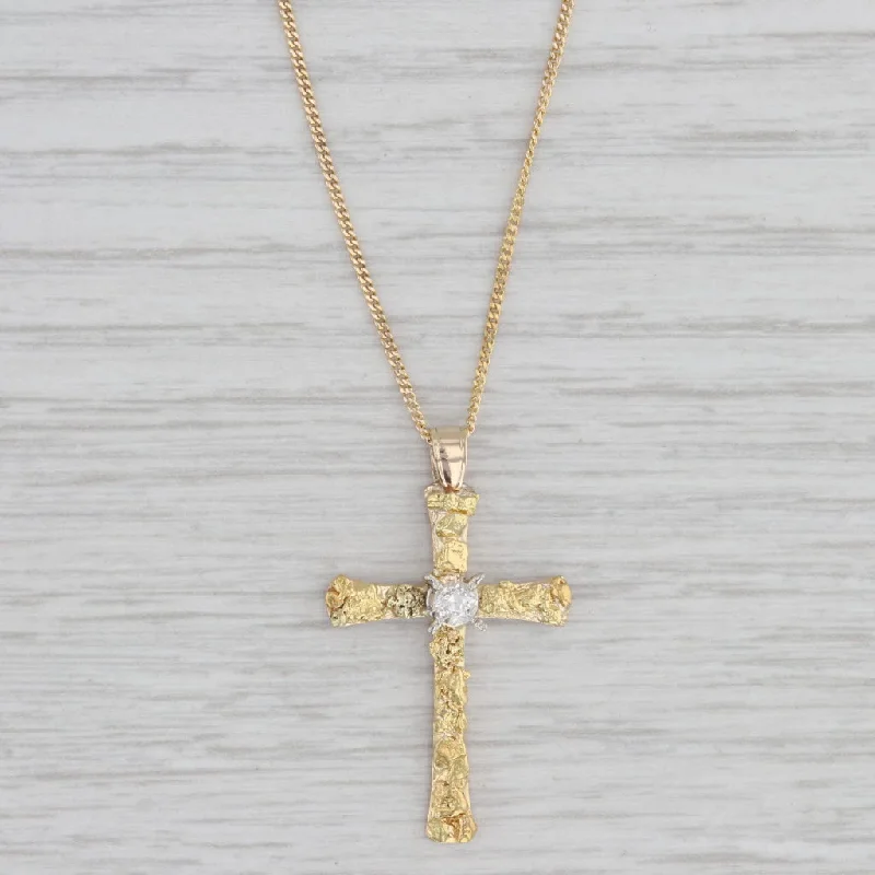 women's luxury necklaces-0.15ct Diamond Nugget Cross Pendant Necklace 14k 20k Yellow Gold 15.75"