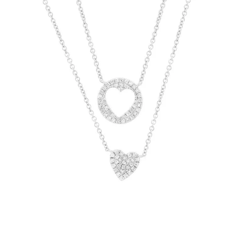 women's silver statement necklaces-14K White Gold Diamond Double Heart Necklace