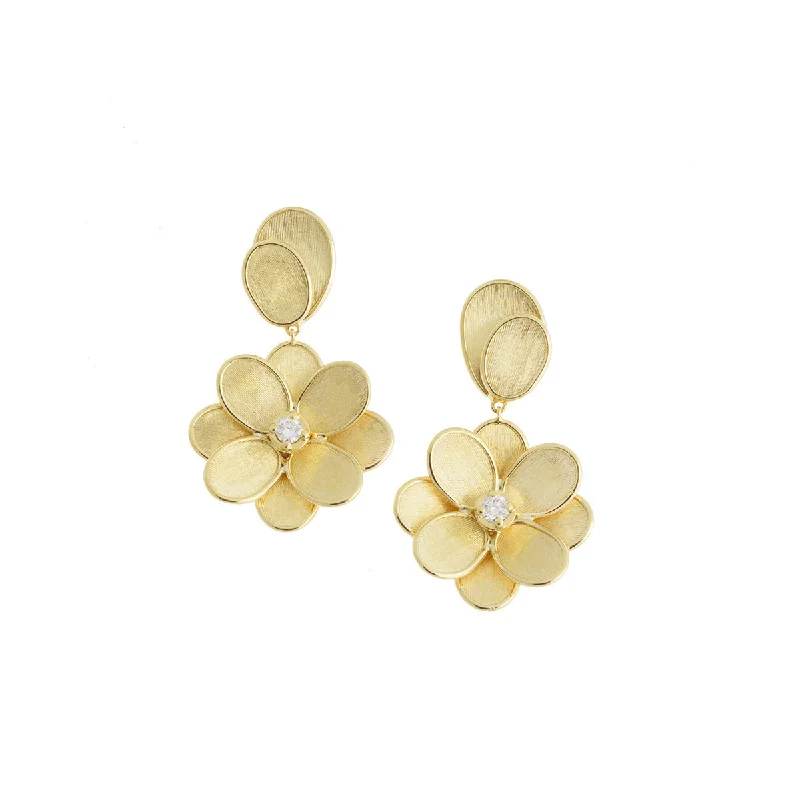 women's unique diamond earrings-18K Yellow Gold and Diamond Single Flower Drop Earrings