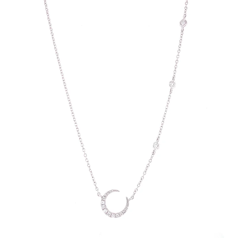 women's romantic necklaces-14K White Gold Diamond Crescent Moon + Diamond Bezel Necklace