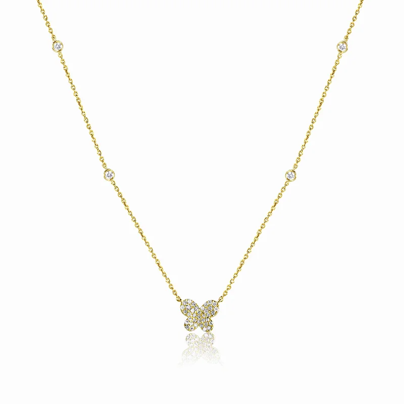 women's fine jewelry necklaces-14K Yellow Gold Diamond Butterfly Necklace