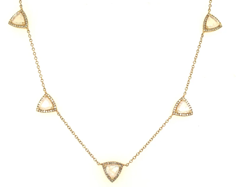 women's gemstone pendant necklaces-14K Yellow Gold Diamond + Triangle Rainbow Moonstone Necklace