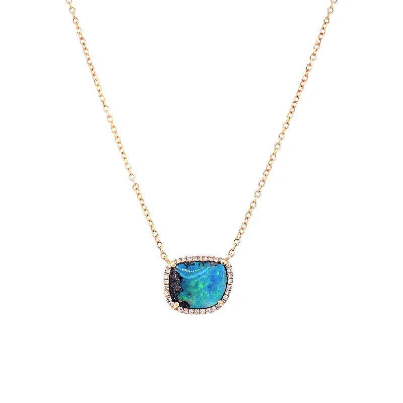 women's rose gold pendant necklaces-14K Yellow Gold Diamond + Boulder Opal Necklace