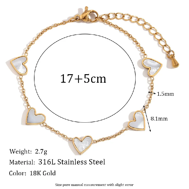 5 White Shell Peach Heart Bracelets - Gold