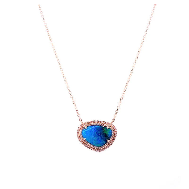 women's friendship necklaces-14K Rose Gold Diamond Double Halo Boulder Opal Necklace