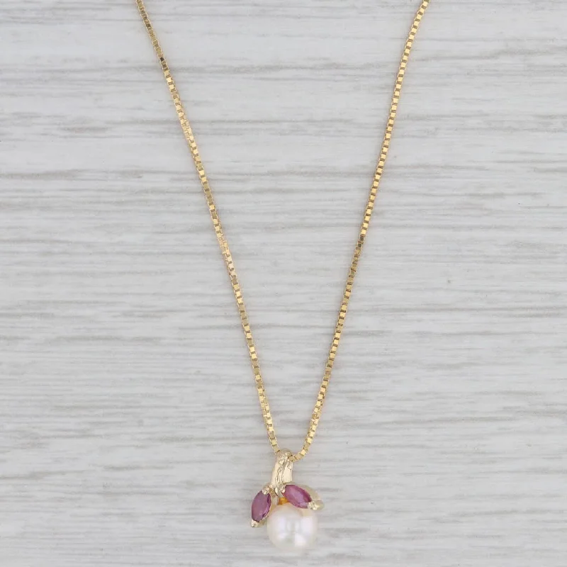 women's adjustable necklaces-Cultured Pearl Ruby Pendant Necklace 14k Yellow Gold 15.75" Box Chain