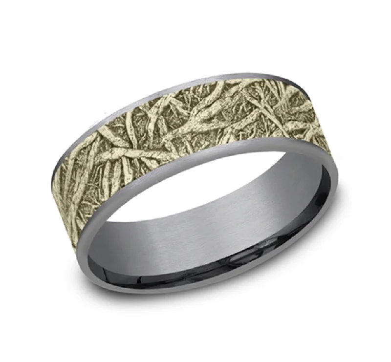 women's commitment rings for women-Gray Tantalum And 14K Yellow Gold ‘The Arko’ Tree Roots Patterned 7.5mm Wedding Band