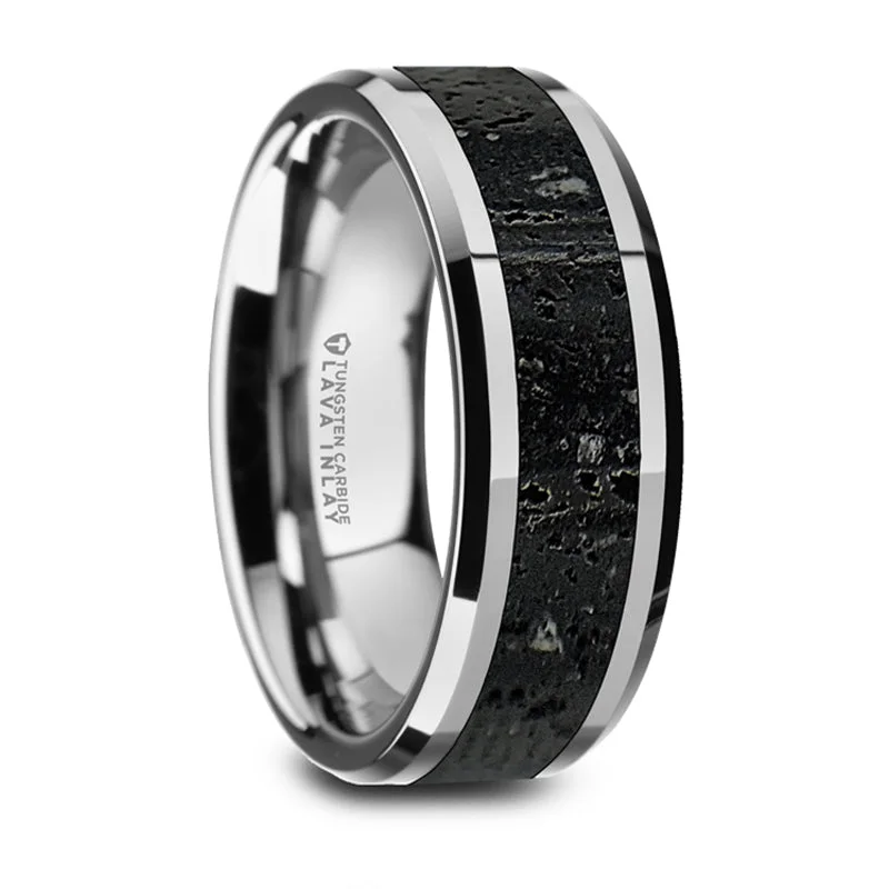 women's emerald engagement rings-Thorsten Kilauea Polished Tungsten Wedding Band w/ Black & Gray Lava Rock Stone Inlay & Polished Beveled Edges (8mm) W1491-TCLI