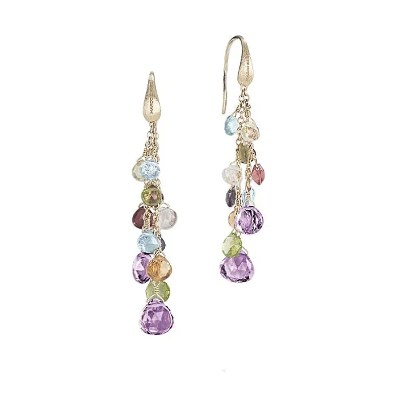 women's silver earrings-18K Yellow Gold Mixed Gemstone Multi Strand Earrings