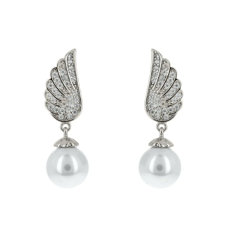 women's butterfly earrings-Jessa CZ Wings Pearl Drop Silver Earrings