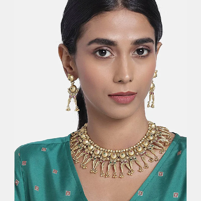 women's chandelier earrings-Etnico 18k Rajwadi Gold Plated Traditional Choker Brass Jewellery Set With Earrings Intricately Engraved With Bride & Groom Figurines (MC051)