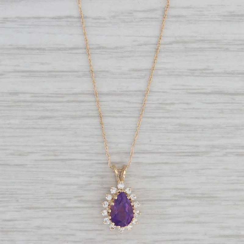 women's infinity necklaces-Amethyst Diamond Halo Teardrop Pendant 14k Yellow Gold 19.5" Rope Chain Necklace