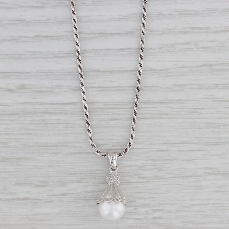 women's rose gold pendant necklaces-Cultured Pearl Diamond Pendant Necklace Sterling Silver 18" Rope Chain