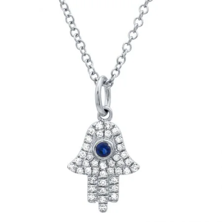 women's unique necklaces-14K White Gold Diamond + Sapphire Hamsa Necklace