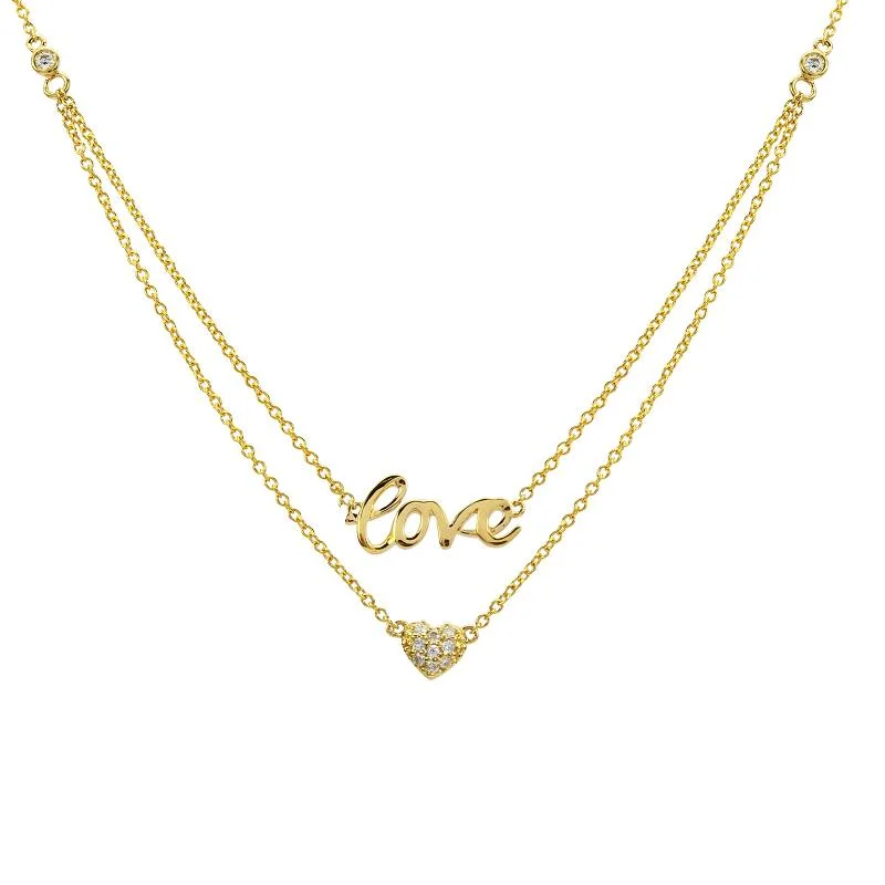 women's designer necklaces-14K Yellow Gold Layered Diamond Love + Heart Necklace