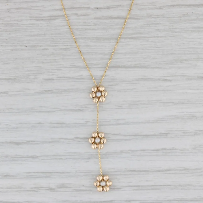 women's diamond pendant necklaces-Pearl Flowers Lavalier Pendant Necklace 14k Yellow Gold 17.75" Cable Chain