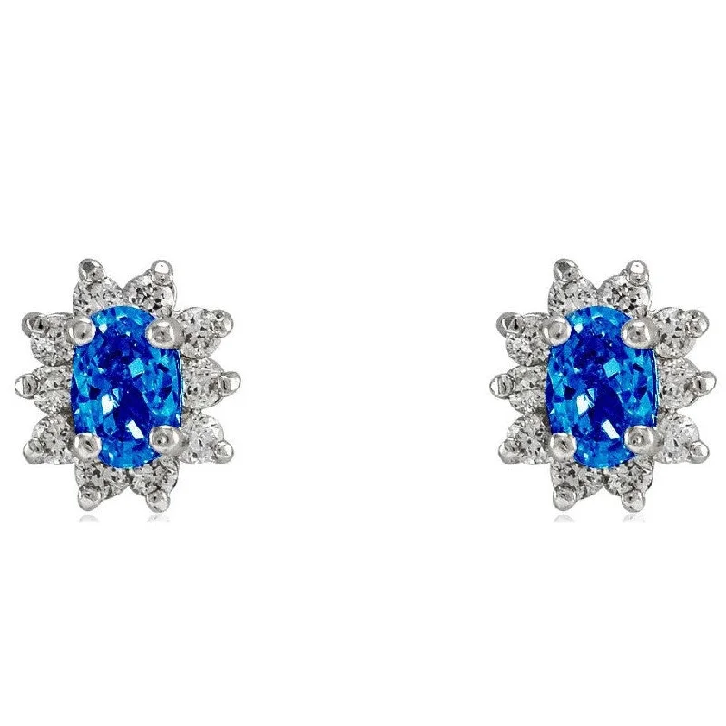 women's gold ear cuffs-Dreda Blue Sapphire Halo Stud Earrings