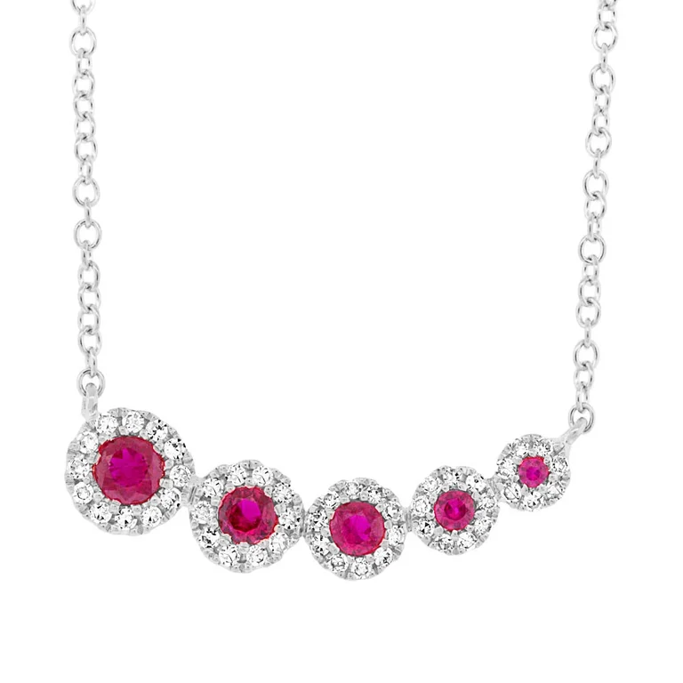 women's rose gold chain necklaces-14K White Gold Diamond and Ruby Halo Necklace