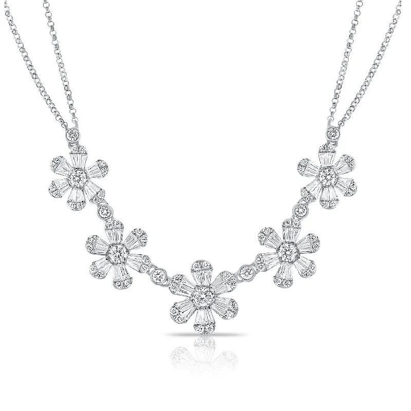 women's pendant and chain necklaces-14K White Gold Baguette Diamond (5) Flower Necklace