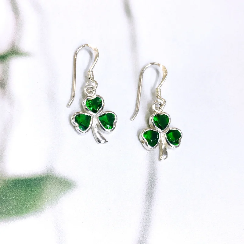 women's hoop earrings with gemstones-Sterling Silver Green Zirconia Shamrock Earrings