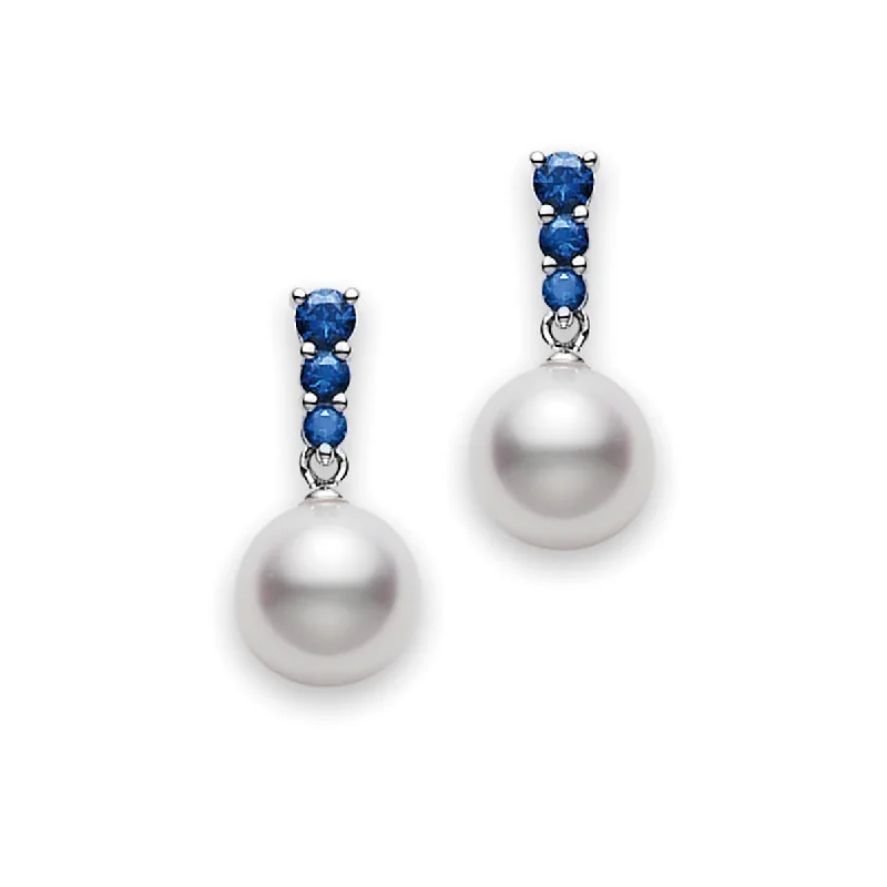 women's contemporary earrings-Akoya Cultured Pearl Earrings with Blue Sapphire