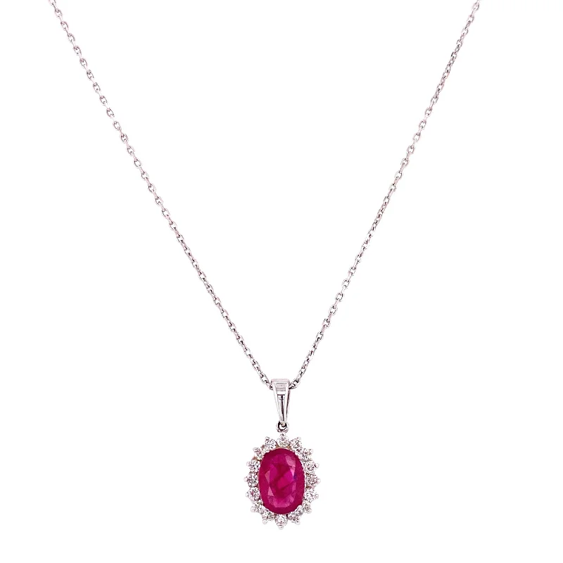 women's diamond choker necklaces-14K White Gold Diamond + Oval Ruby Necklace