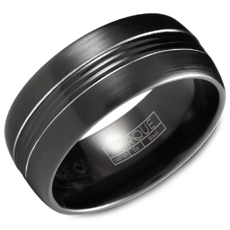 women's modern halo engagement rings-Torque Black Cobalt Collection 9MM Wedding Band with White Line Detailing CBB-2029