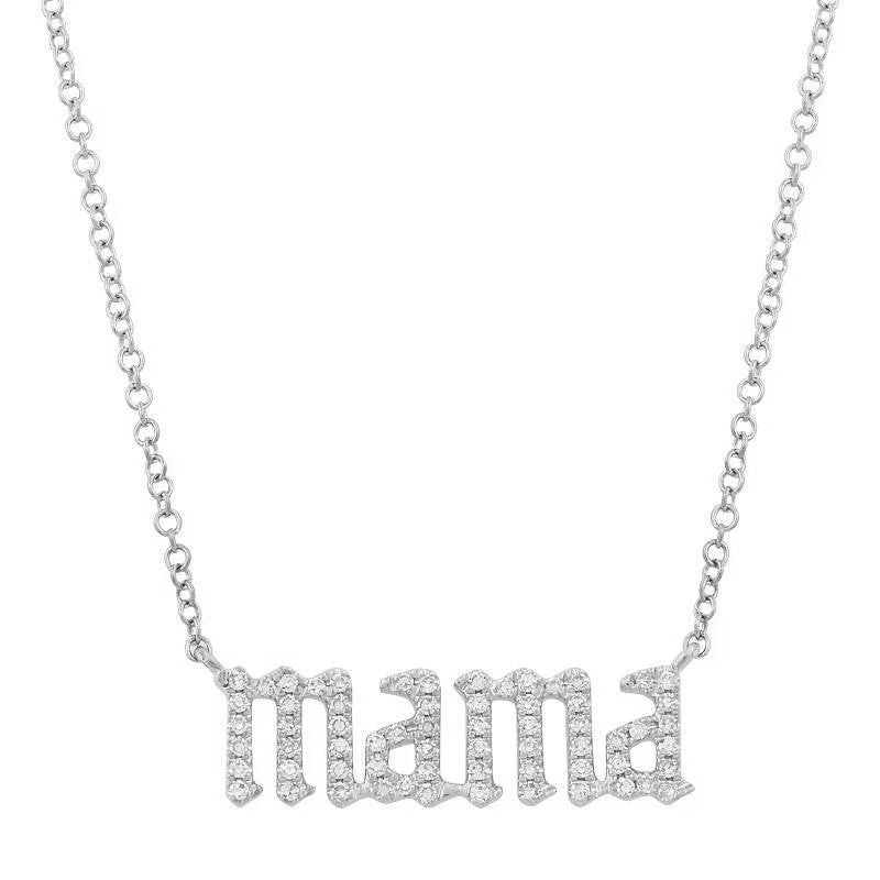 women's long pendant necklaces-14K White Diamond Gothic Font Mama Necklace