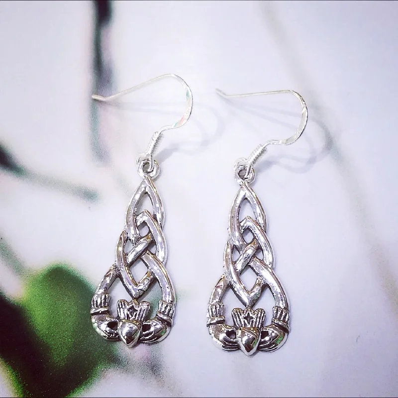 women's butterfly drop earrings-Sterling Silver Claddagh Earrings with Knotwork Motif