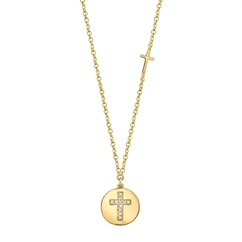 women's layered gold necklaces-14K Yellow Gold Diamond Cross Disc Necklace