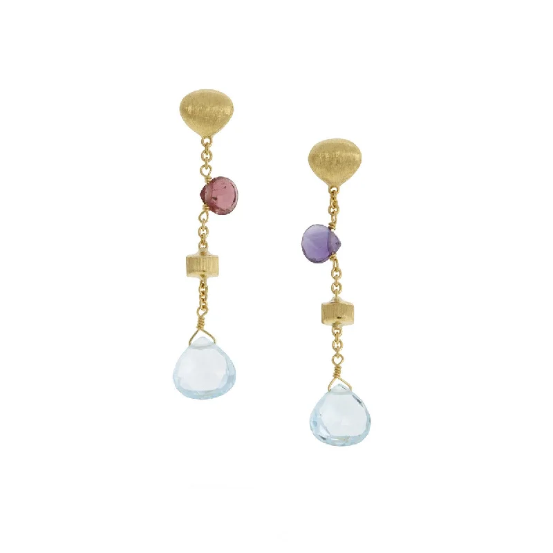 women's double hoop earrings-18K Yellow Gold Mixed Gemstone Short Drop Earrings