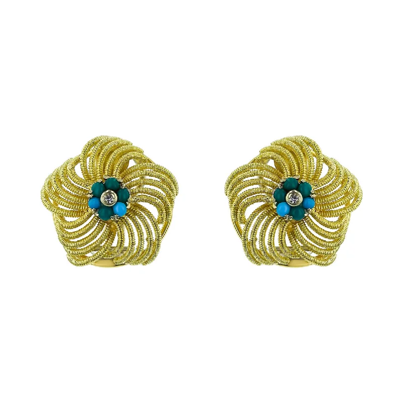 women's contemporary earrings-18K Yellow Gold Diamond and Turquoise Knot Earrings