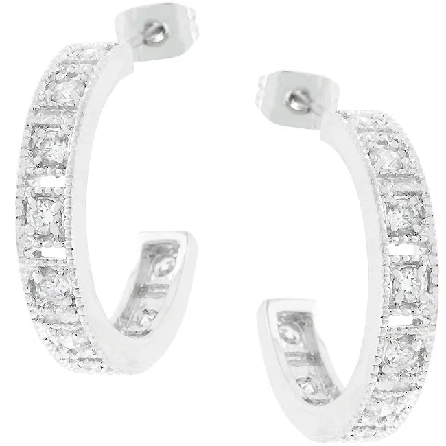 women's huggie earrings-Edmee Milgrain Silvertone Hoop Earrings