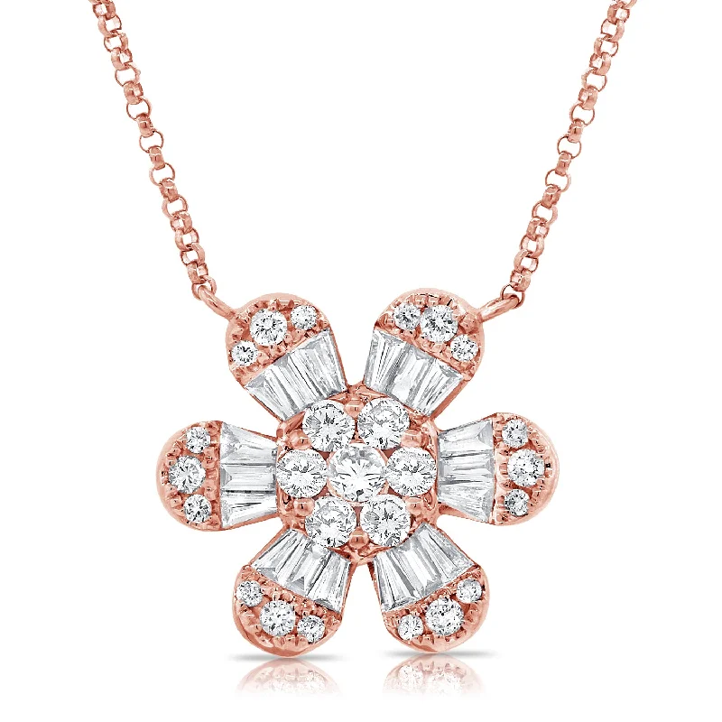 women's moonstone necklaces-14K Rose Gold Baguette Diamond Large Flower Necklace