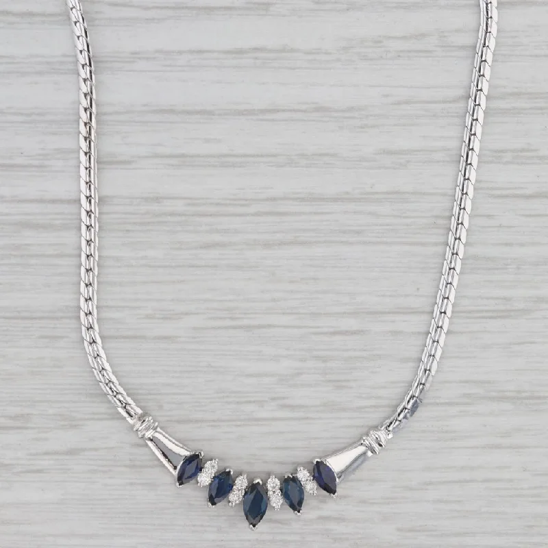 women's diamond choker necklaces-1.34ctw Blue Sapphire Diamond Necklace 14 White Gold 16.75" Herringbone Chain