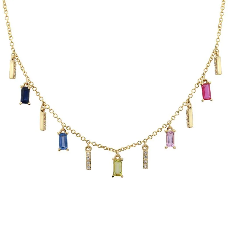 women's personalized necklaces-14K Yellow Gold Multi Gemstone + Diamond Necklace