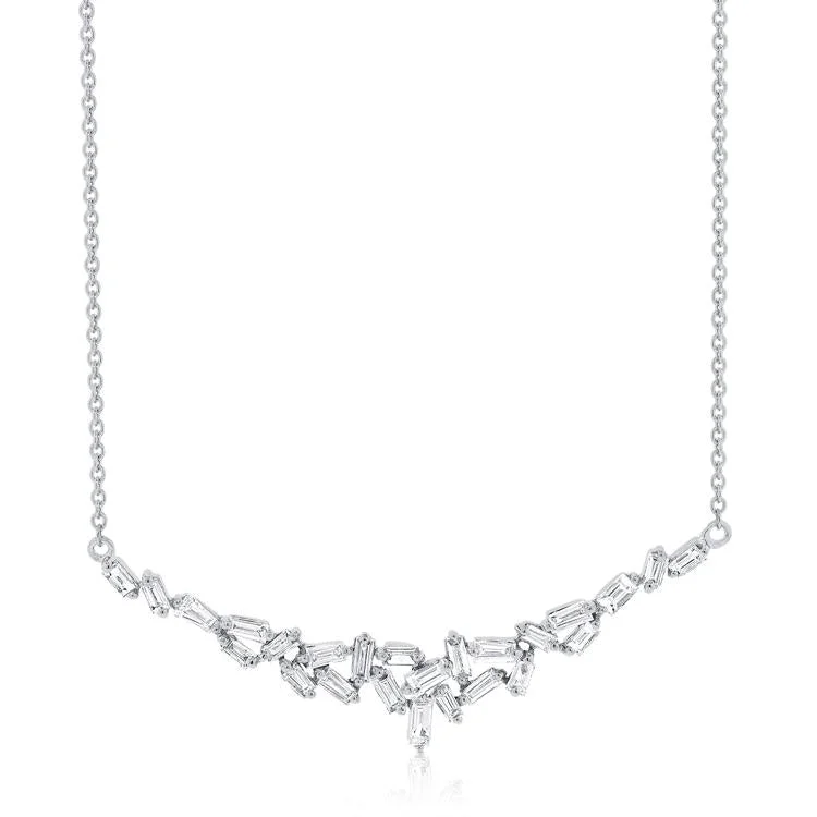 women's charm necklaces-14K White Gold Staggered Baguette Diamond Necklace