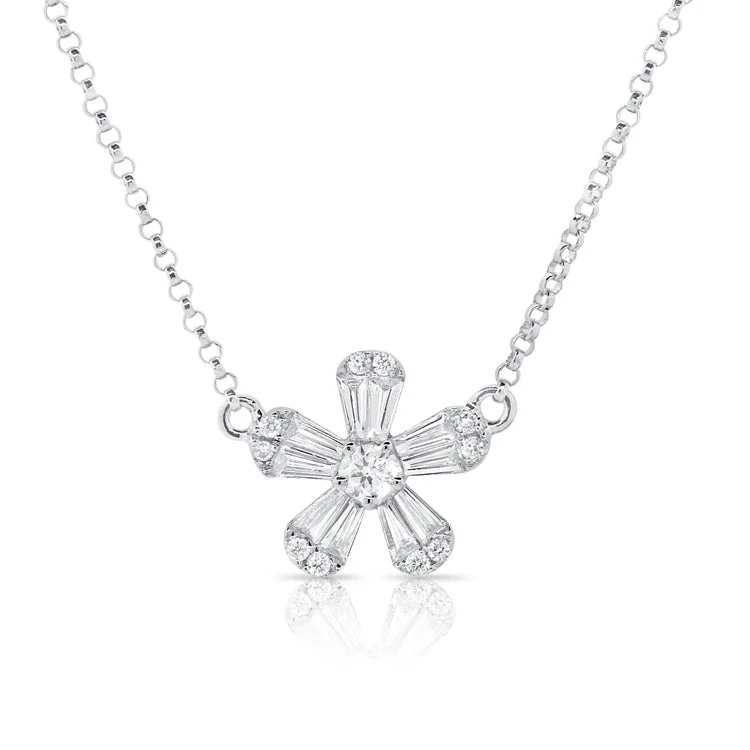 women's infinity heart necklaces-14K White Gold Baguette Diamond Small Flower Necklace