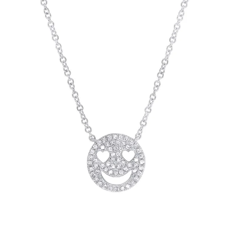 women's mixed metal necklaces-14K White Gold Diamond Smiley Face Necklace