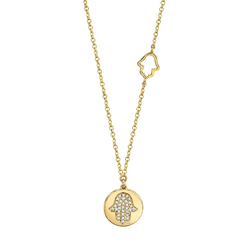 women's small pendant necklaces-14K Yellow Gold Diamond Hamsa Disc Necklace