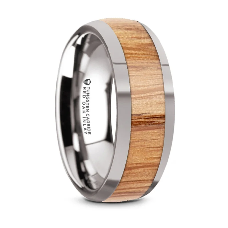 women's pear-shaped engagement rings-Thorsten Cinder Polished Edges Domed Tungsten Wedding Band w/ Red Oak Wood Inlay (8mm) W5976-TCRO