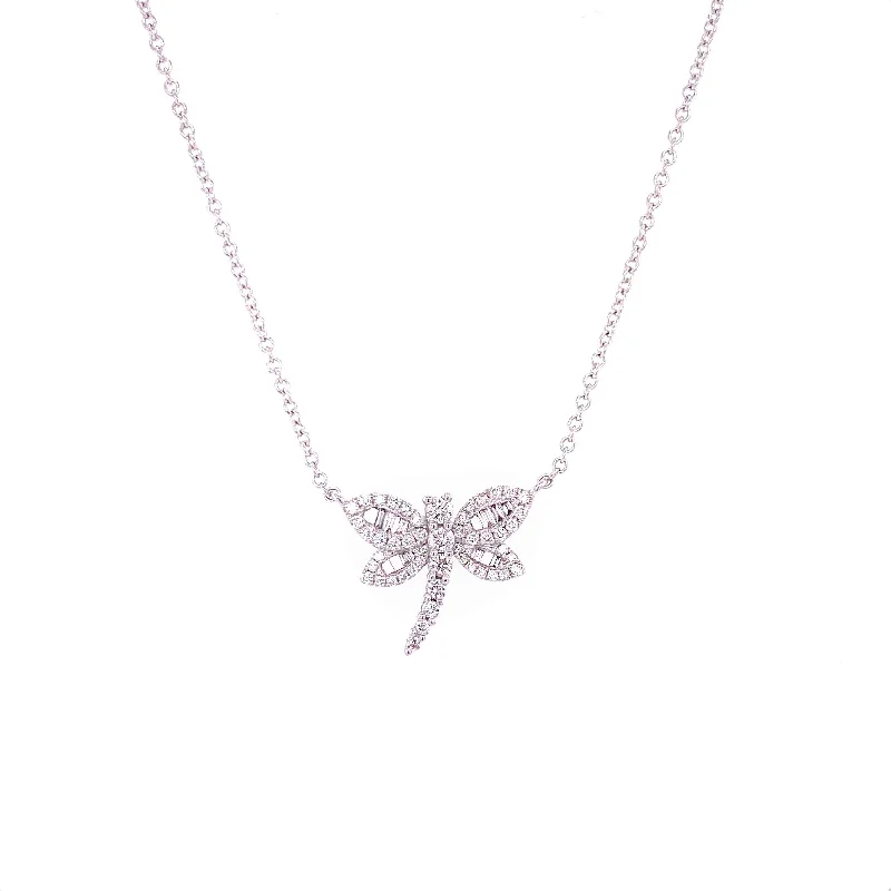 women's bar necklaces-18K White Gold Diamond Dragonfly Necklace