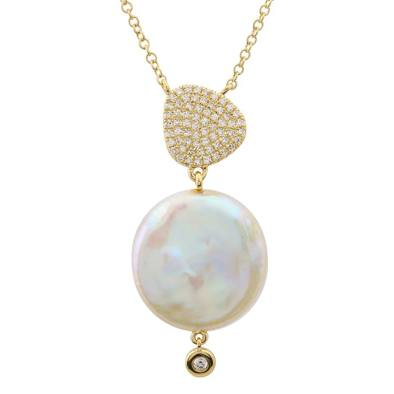 women's modern necklaces-14k Yellow Gold Coin Pearl Diamond Necklace