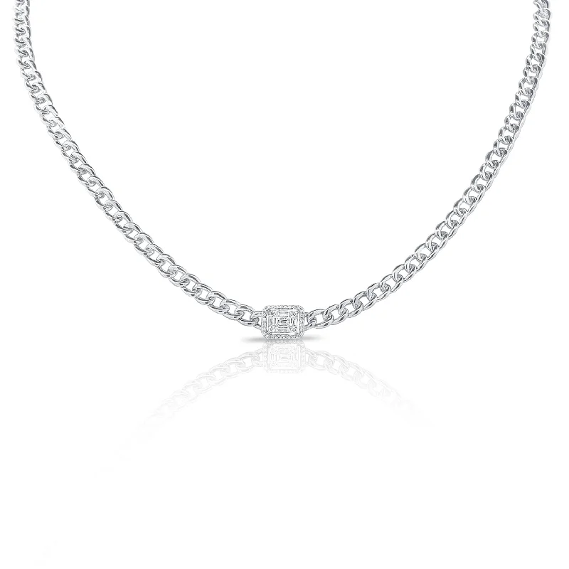 women's precious stone necklaces-14K White Gold Diamond Center & Curb Link Collar/Choker Necklace