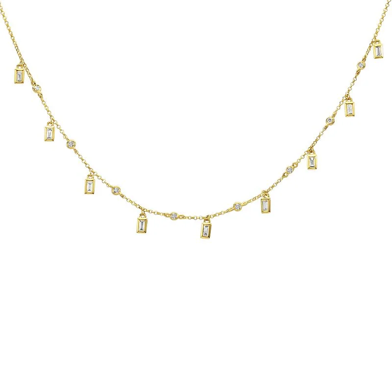 women's pearl necklaces-14K Yellow Gold Baguette and Round Diamond Layering Necklace