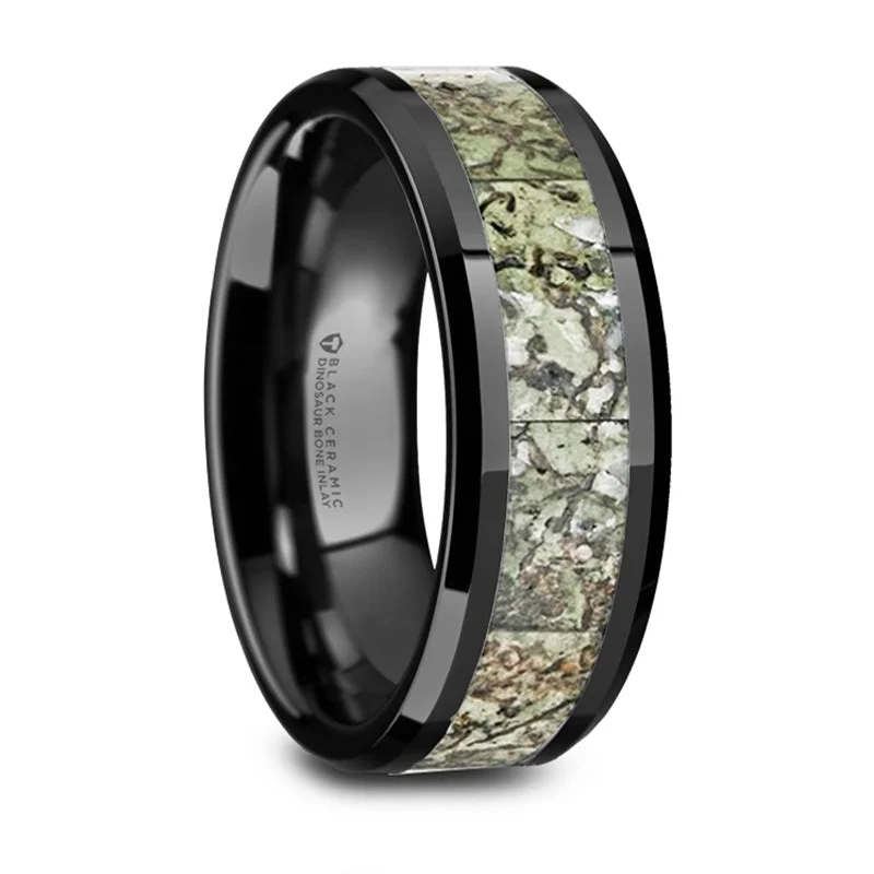 women's romantic engagement rings-Thorsten Drogon Light Green Dinosaur Bone Inlaid Black Ceramic Wedding Band w/ Polished Beveled Edge (8mm) T6014-BCGD