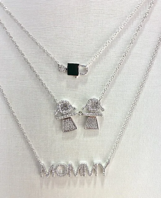 women's diamond pendant necklaces-14K White Gold Diamond Girl +Girl Necklace