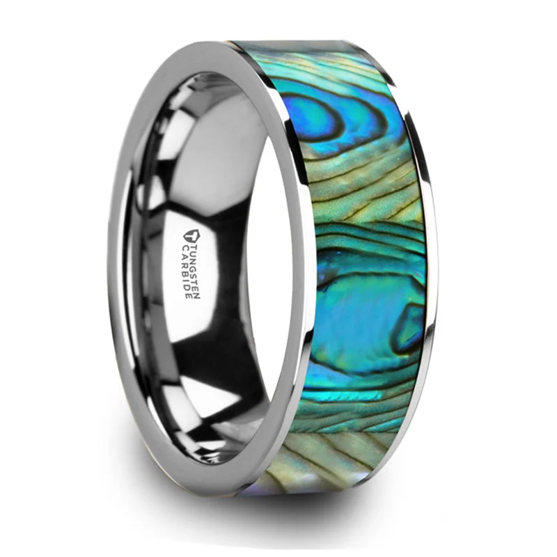 women's unique engagement rings-Thorsten Laurant Tungsten Flat Wedding Band w/ Mother Of Pearl Inlay & Polished Finish (8mm) W5977-TCMOP