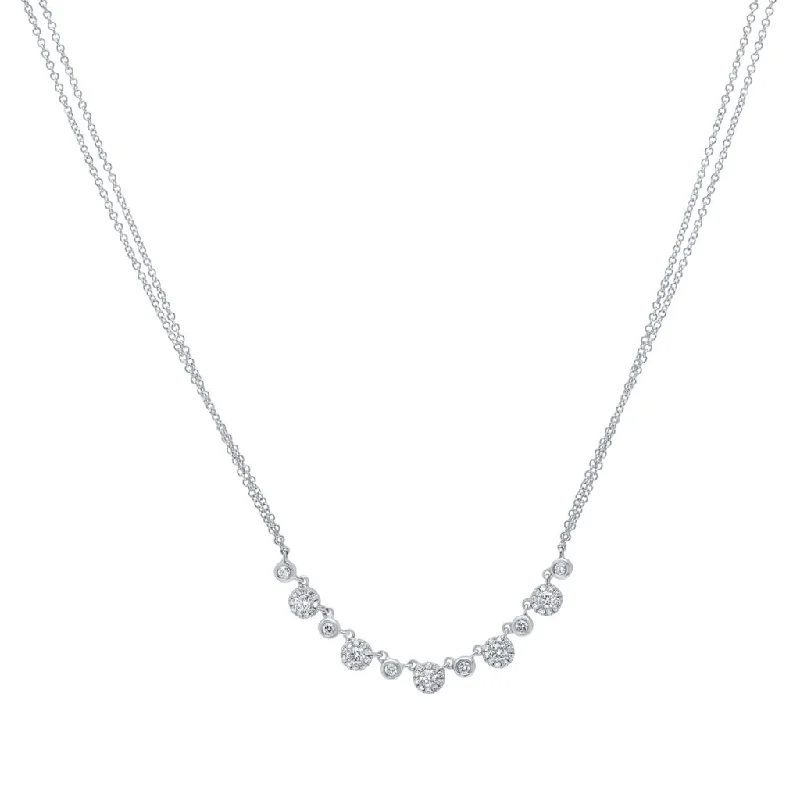 women's layered pearl necklaces-14K White Gold Alternating Diamond Halo Necklace with Double Chain