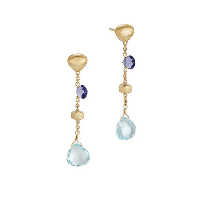 women's long drop earrings-18K Yellow Gold Iolite and Blue Topaz Short Drop Earrings